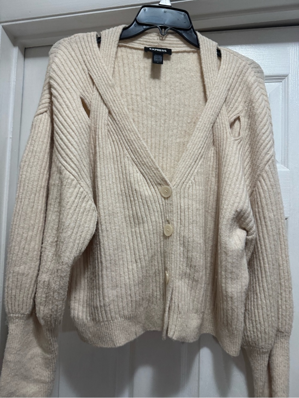 Express Cream Ribbed Cardigan with Cutouts
